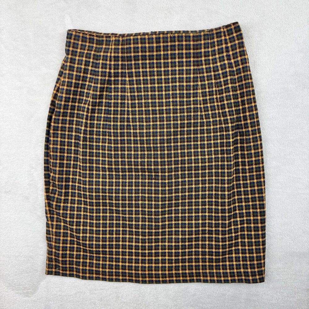 Vtg 90s Compagnie Internationale Express Plaid Pencil Skirt Green Gold Size 1/2